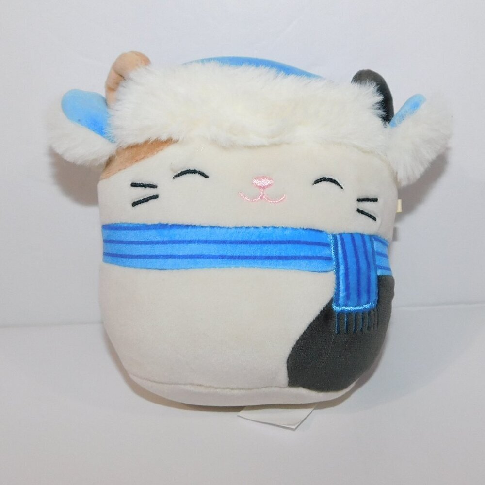 Squishmallows Cam Calico Cat 5" Wearing Blue Scarf and Trapper hat Plush winter